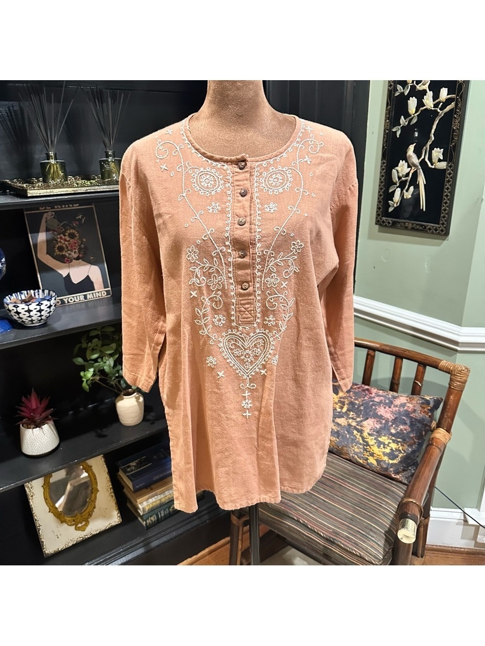 Bird Thai Artisan Embroidered Boho Tunic – 100% Cotton – Size L